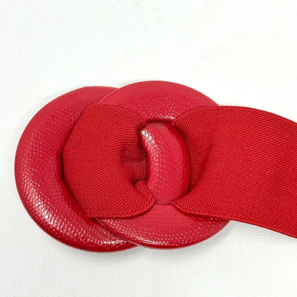 Vtg 90s Stretch Belts Set‎ Red Black Double Ring Ivory Shirred Button M/L Preppy